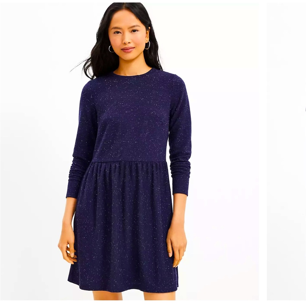 LOFT Long Sleeve Flecked Button Back Polyester Swing Dress